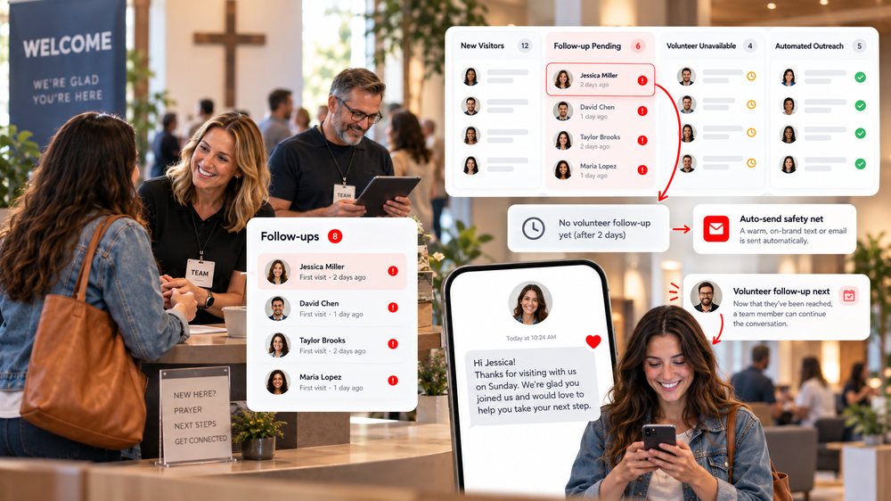 A visitor with no follow-up gets automatically sent a warm text message after two days, then a volunteer continues the conversation from there