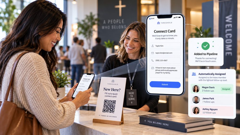 A visitor filling out a connect card on their phone at the welcome desk, with the entry automatically appearing in the pipeline